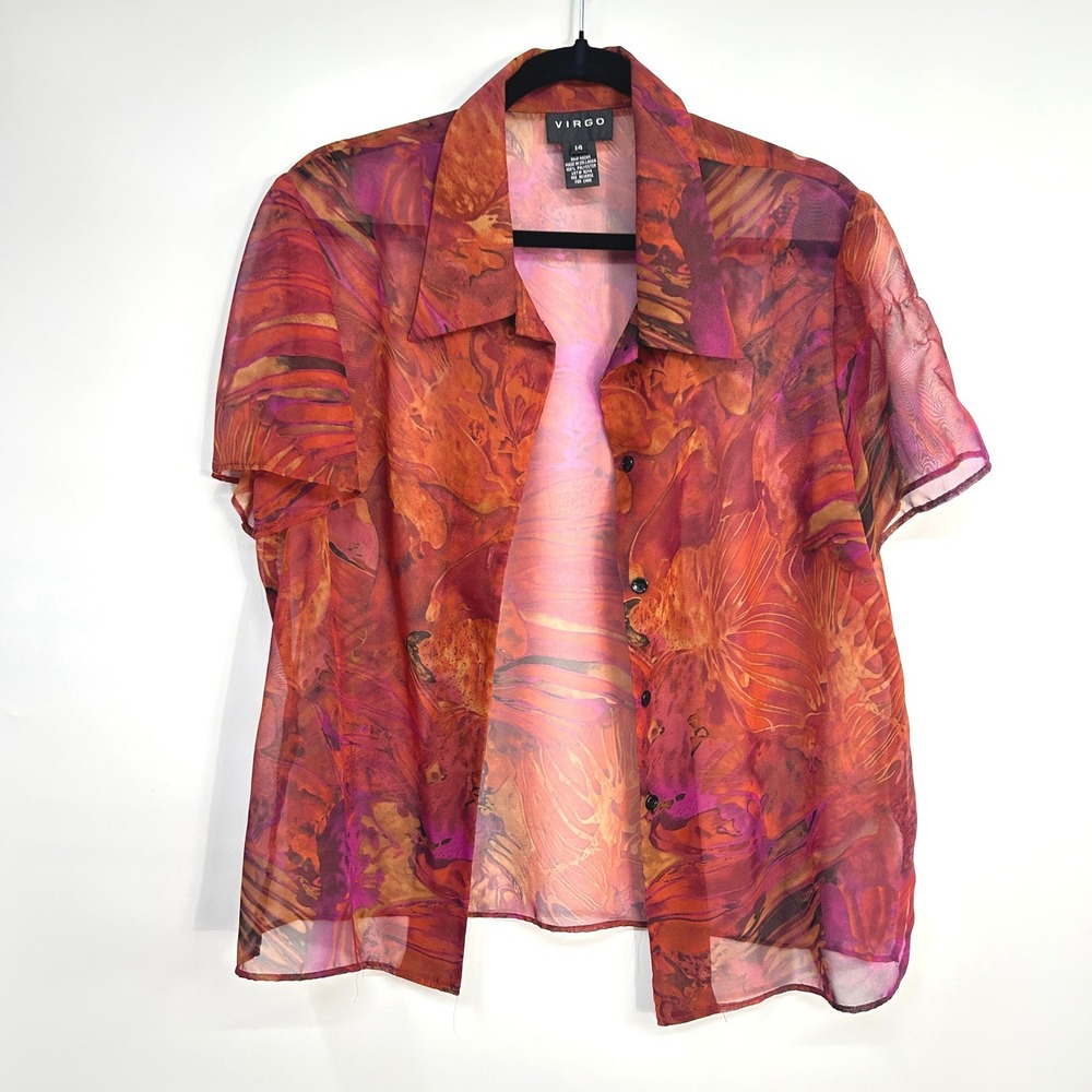 Artsy Sheer Button Up Blouse 14 Red Orange Watercolor Boho Whimsigoth Layering